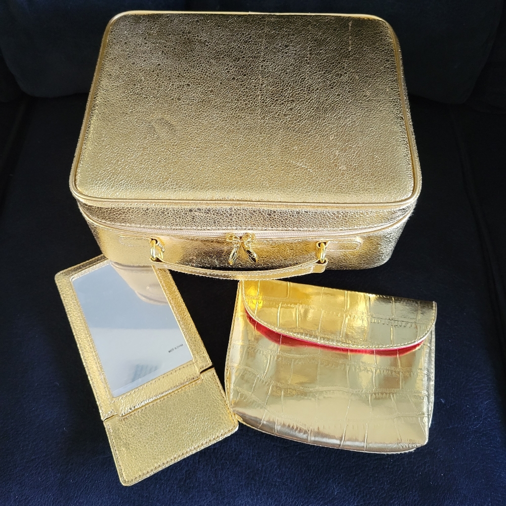 Vintage Estee Lauder Gold Cosmetic Travel Case, matching Mirror AND Makeup Bag.